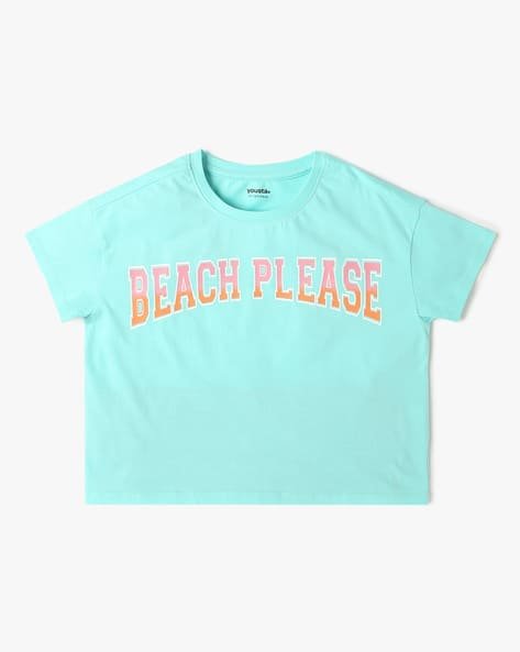 Yousta Kids - Girls Typographic Print Boxy Fit Crew-Neck Crop T-Shirt