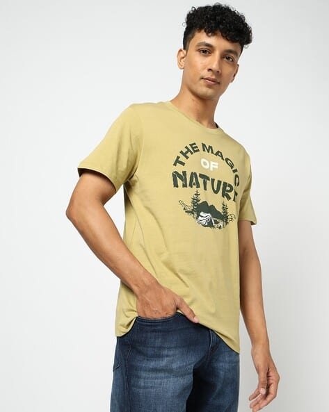 Yousta - Men Typographic Print Regular Fit Cotton Crew-Neck T-Shirt