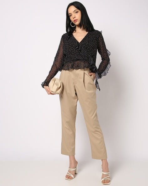 Yousta - Women Straight Fit Pleat-Front Cotton Trousers