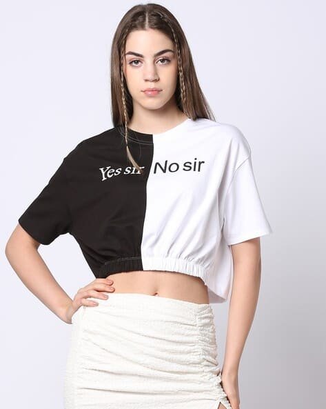 Yousta - Women Colourblock Boxy Fit Round-Neck Crop T-Shirt