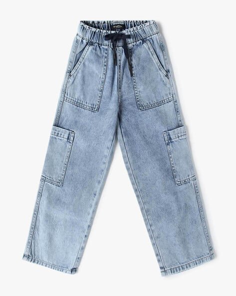 Yousta Kids - Girls Lightly Washed Wide-Leg Cargo Jeans