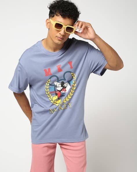 Yousta - Men Mickey Mouse Print Relaxed Fit Crew-Neck T-Shirt