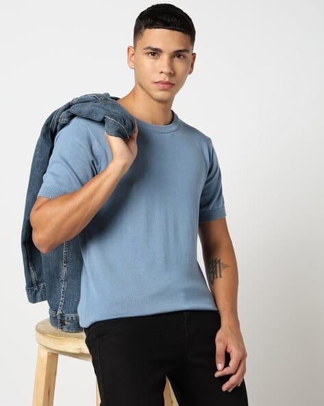 Yousta - Men Ribbed Regular Fit Cotton Crew-Neck T-Shirt