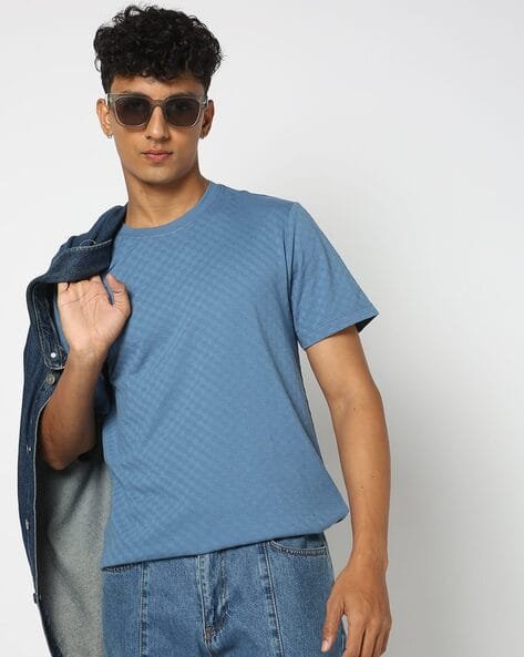 Yousta - Men Self-Checked Regular Fit Crew-Neck T-Shirt