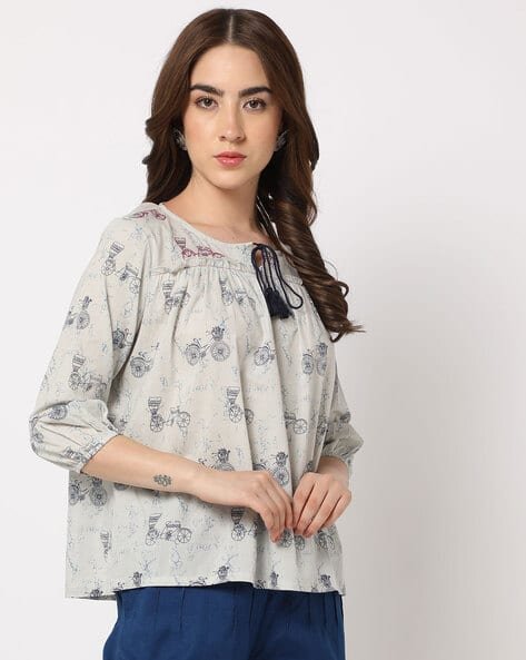 Yousta - Printed Top with Tie-Up Neckline