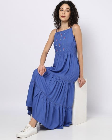 Yousta - Women Floral Embroidered Square-Neck Tiered Dress