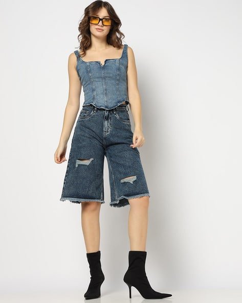 Yousta - Women Mid-Wash Distressed Regular Fit Crop Jeans