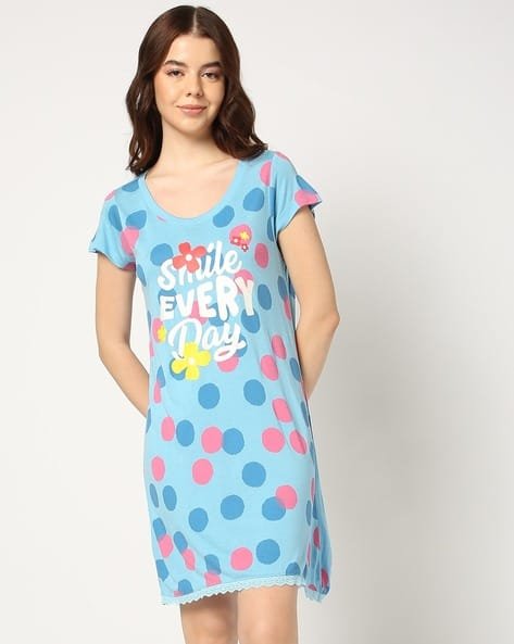Yousta - Women Polka-Dot Print Round-Neck Nightgown