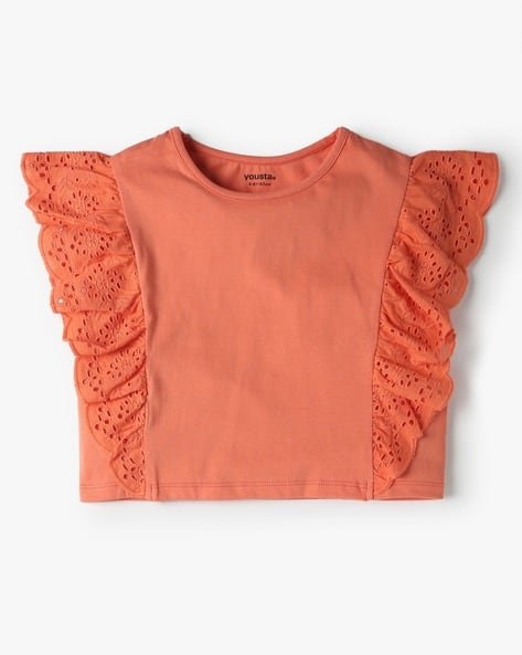 Yousta Kids - Girls Relaxed Fit Crew-Neck T-Shirt with Butterfly Sleeves