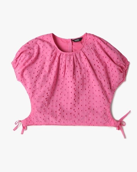 Yousta Kids - Girls Schiffli Embroidered Relaxed Fit Round-Neck Top