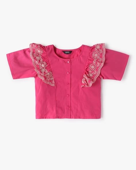 Yousta Kids - Girls Schiffli Embroidered Ruffled Button-Down Top