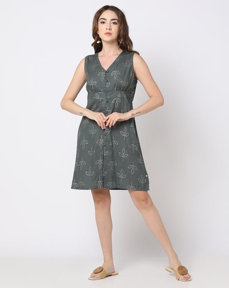 Yousta - Women Leaf Print A-Line Dress