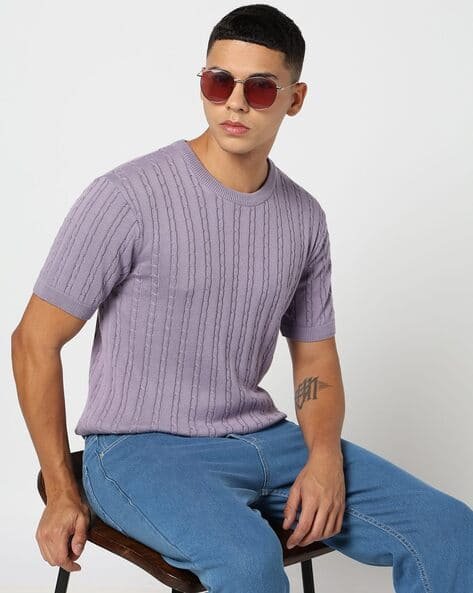 Yousta - Men Cable-Knit Regular Fit Cotton Crew-Neck T-Shirt