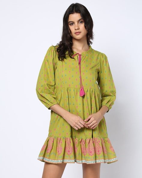 Yousta - Women Floral Print Fit & Flare Dress with Neck Tie-Up