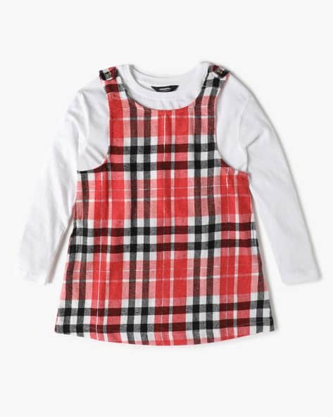Yousta Kids - Girls Checked Pinafore Dress with T-Shirt