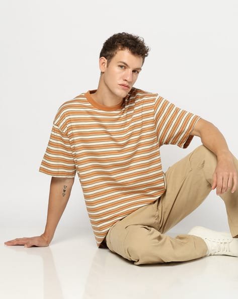 Yousta - Men Striped Oversized Fit Crew-Neck T-Shirt
