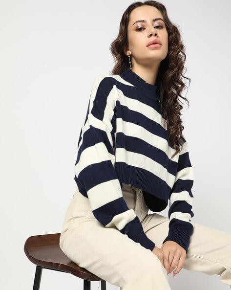 Yousta - Women Striped Boxy Fit Crop Sweater