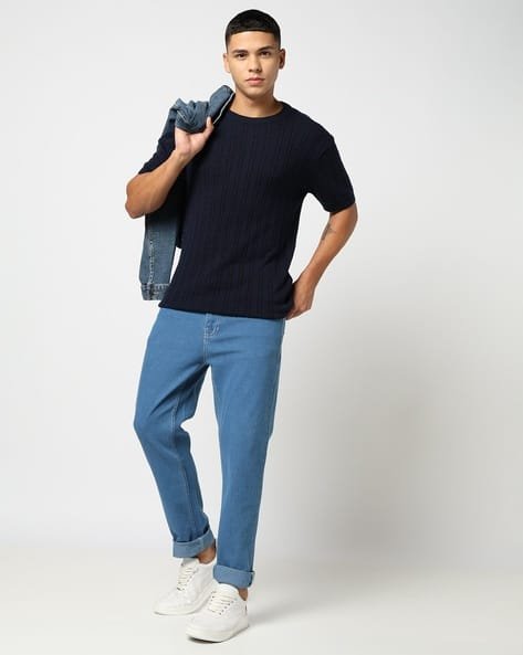 Yousta - Men Cable-Knit Regular Fit Cotton Crew-Neck T-Shirt