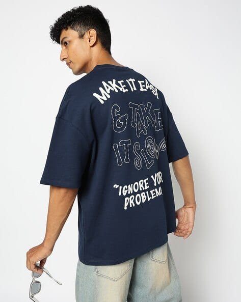 Yousta - Men Typographic Print Oversized Crew-Neck T-Shirt