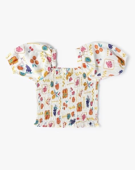 Yousta Kids - Girls Graphic Print Square-Neck Top with Puff Sleeves