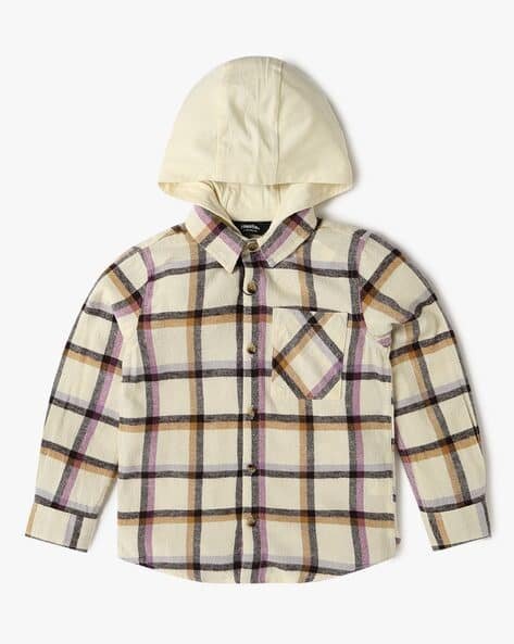 Yousta Kids - Boys Checked Regular Fit Hooded Cotton Shirt