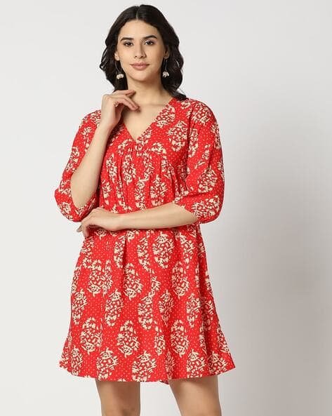 Yousta - Women Leaf Print A-Line Gathered Dress