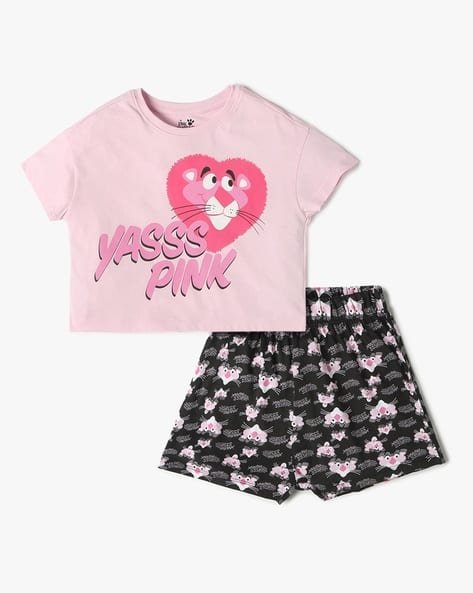 Yousta Kids - Girls Pink Panther Print Top & Shorts Set
