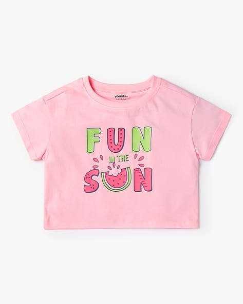 Yousta Kids - Girls Typographic Print Boxy Fit Crew-Neck Crop T-Shirt