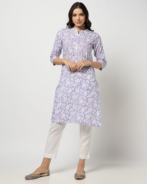Yousta - Women Floral Print Straight Kurta with Band Collar