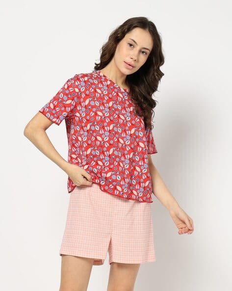 Yousta - Women Leaf Print Round-Neck T-Shirt