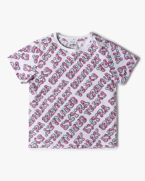 Yousta Kids - Girls Typographic Print Regular Fit Crew-Neck T-Shirt