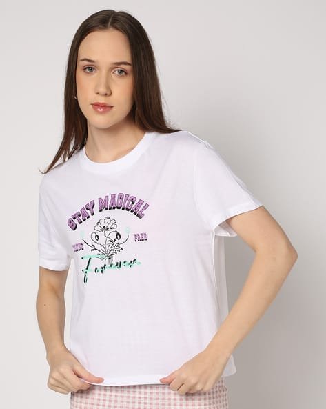 Yousta - Women Core Chest Print Regular Fit Crew-Neck T-Shirt
