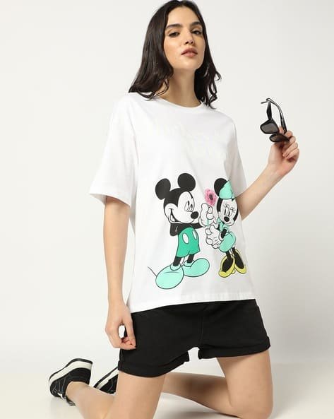 Yousta - Women Mickey Mouse Print Oversized Crew-Neck T-Shirt