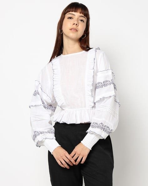 Yousta - Women Printed Relaxed Fit Frill Top