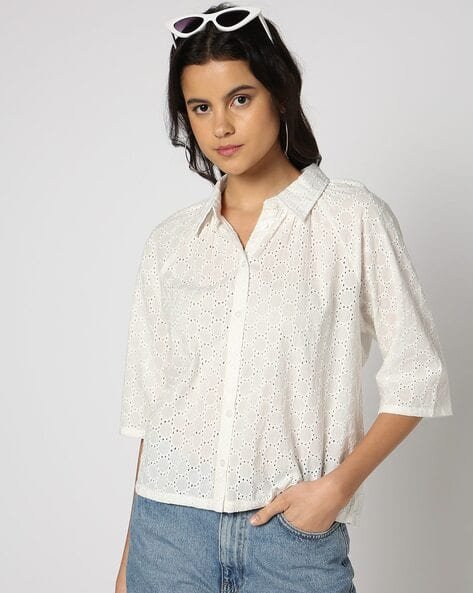 Yousta - Women Schiffli Embroidered Oversized Cotton Shirt