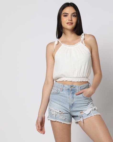 Yousta - Women Strappy Fitted Blouson Crop Top